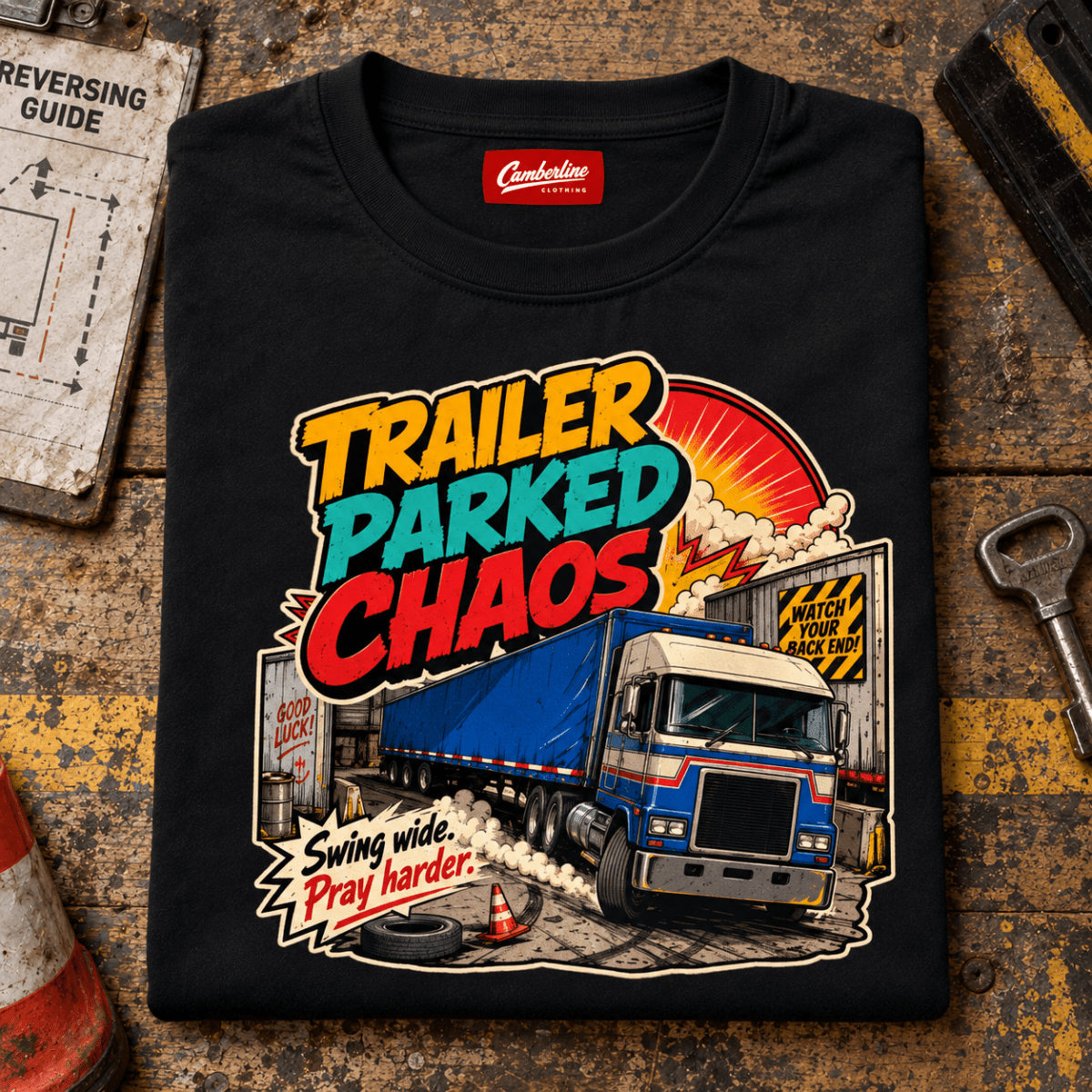 Black Trailer Parked Chaos lorry T-shirt folded on a loading-dock workbench