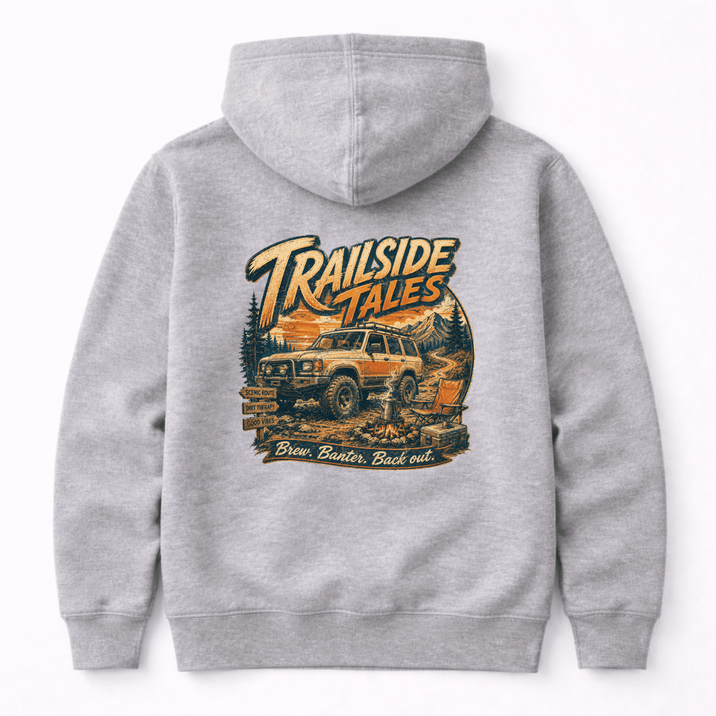 Camberline Cars Trailside Tales Hoodie in Heather Grey showing back graphic