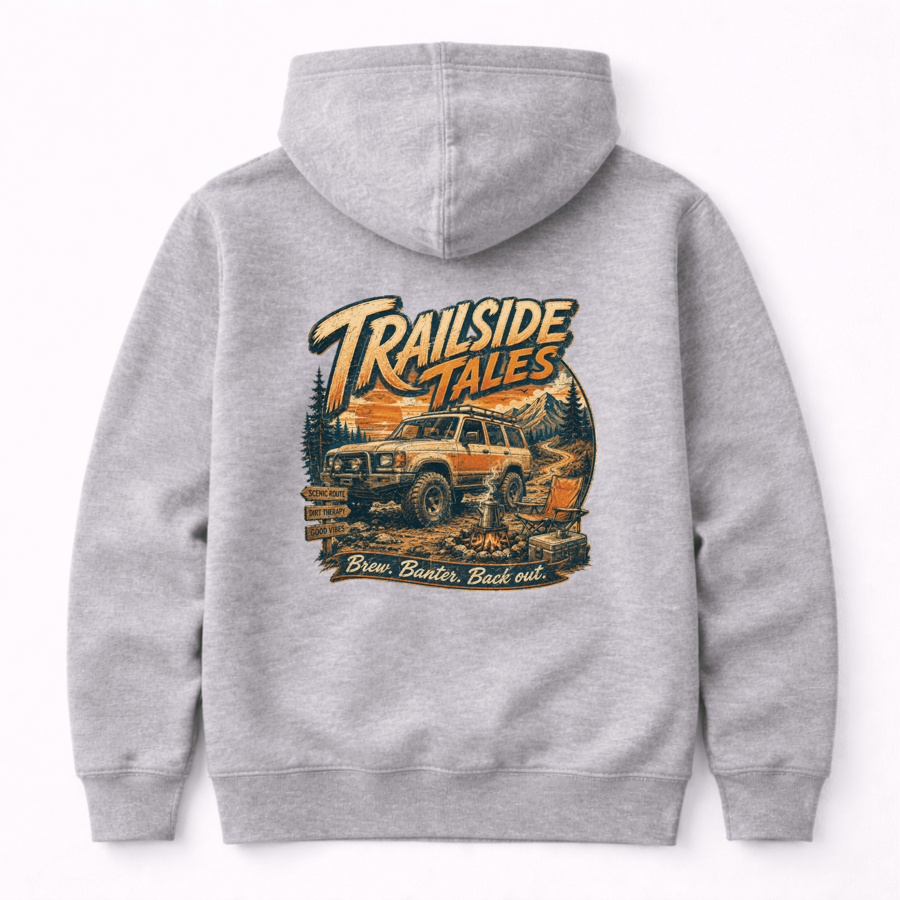 Camberline Cars Trailside Tales Hoodie in Heather Grey showing back graphic