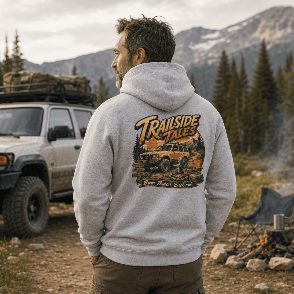 Model wearing Camberline Cars Trailside Tales Hoodie in Heather Grey