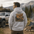 Model wearing Camberline Cars Trailside Tales Hoodie in Heather Grey