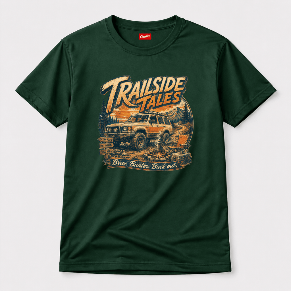 Camberline Cars Trailside Tales T-Shirt in Forest Green showing front graphic