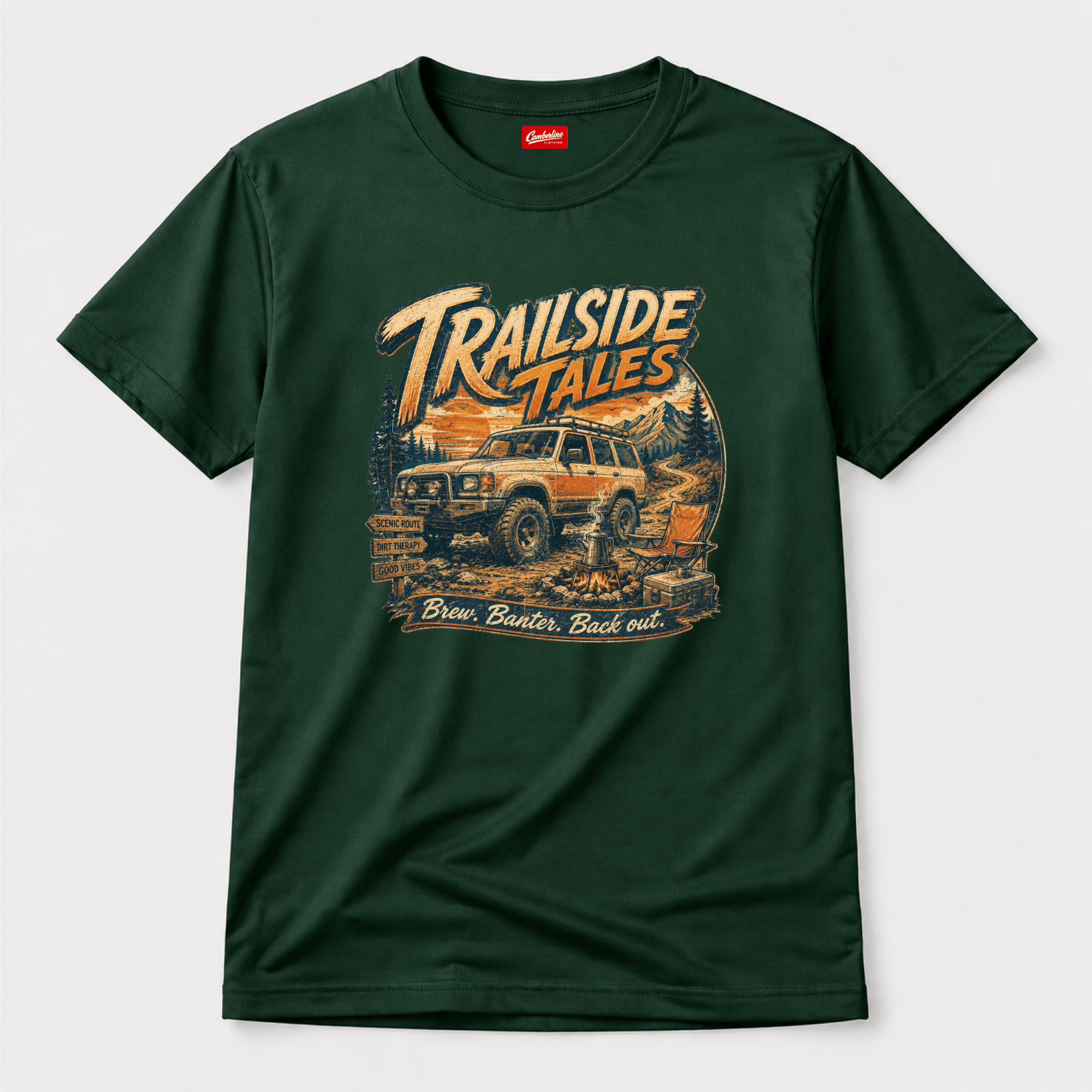Camberline Cars Trailside Tales T-Shirt in Forest Green showing front graphic