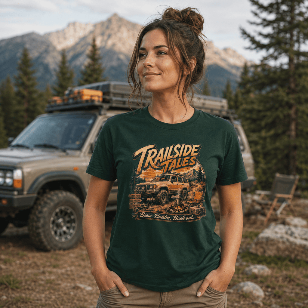 Model wearing Camberline Cars Trailside Tales T-Shirt in Forest Green