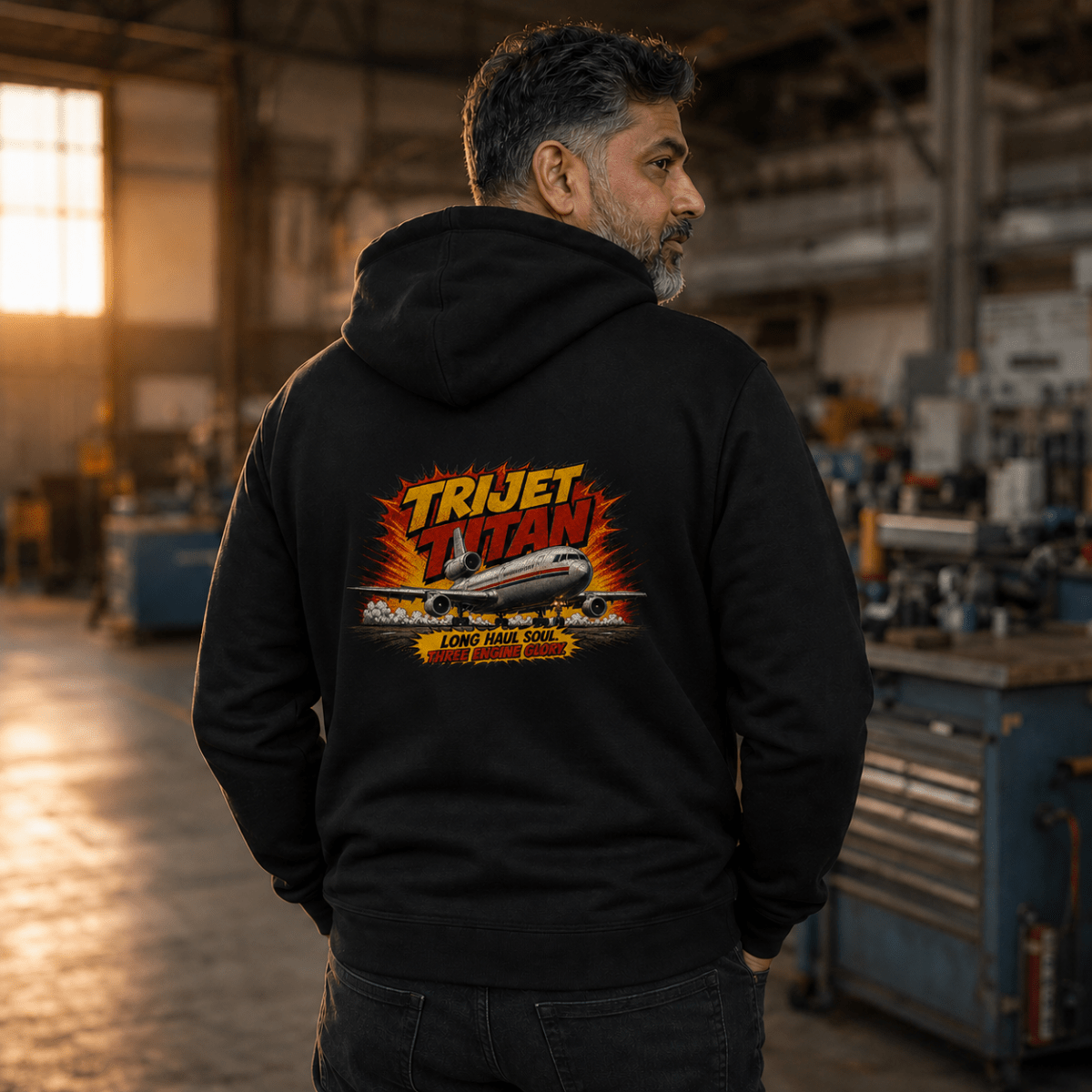 Model wearing Tri-Jet Titan black aviation hoodie with large back print