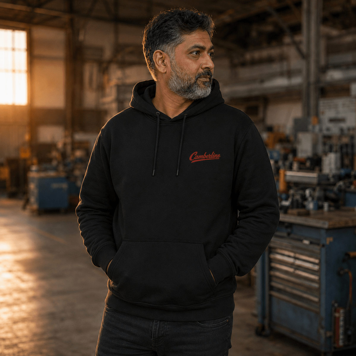 Model wearing Tri-Jet Titan black aviation hoodie, front view