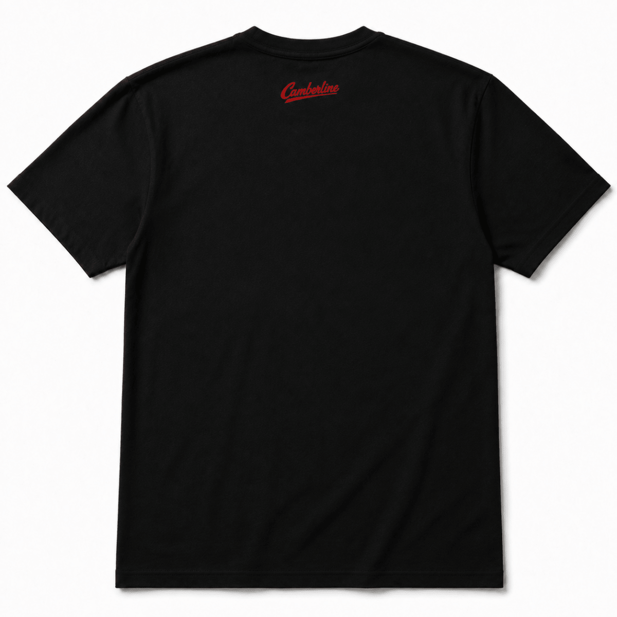 A black short-sleeve t-shirt shown from the back, featuring a small red script logo on the upper back that reads 'Camperline'.