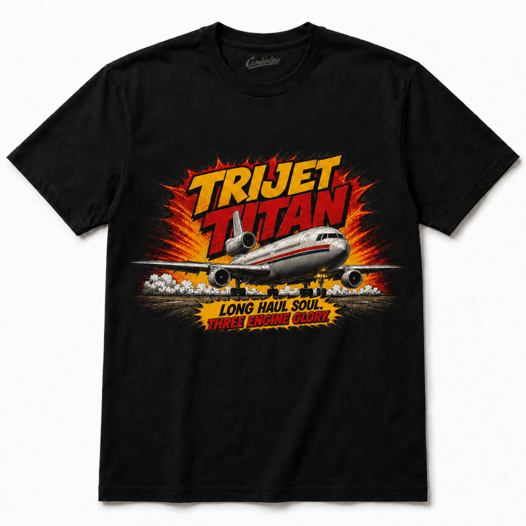 A black short-sleeve graphic t-shirt featuring a retro-style comic book illustration of a jet airplane with the text 'TRIJET TITAN' and 'LONG HAUL SOUL / THREE BURNING GUNS' on a white background.