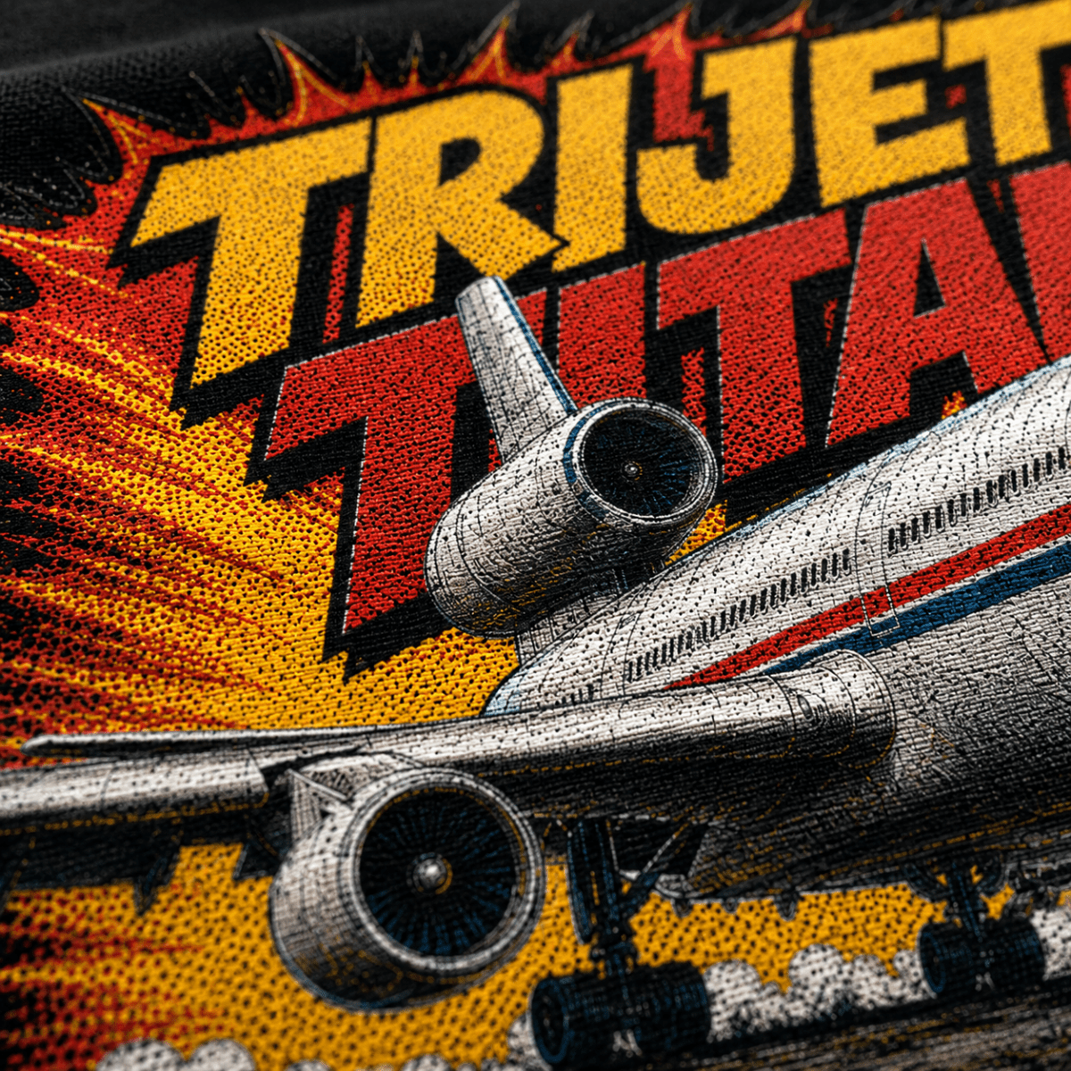 Close-up of a graphic print featuring a silver airplane over a yellow and red burst background with large stylized text reading 'TRJET TITAN'.