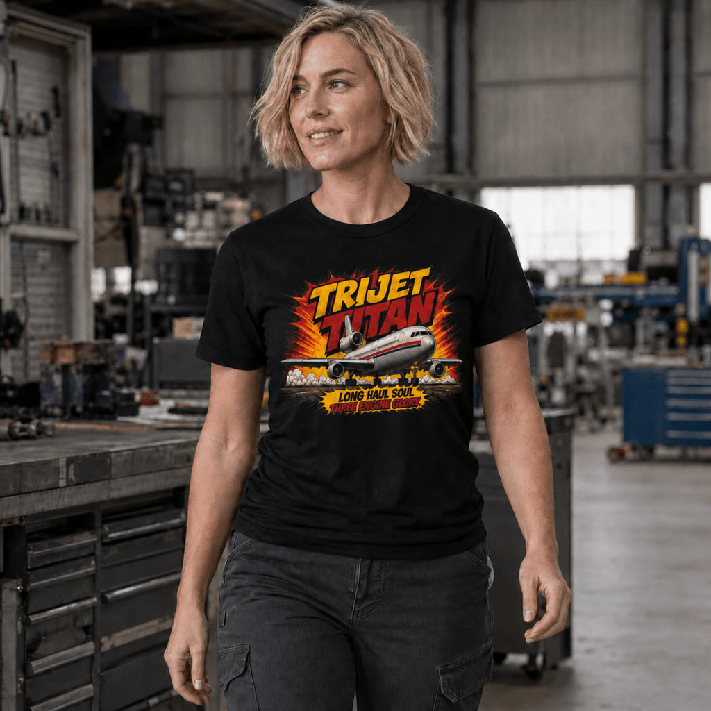 A woman wearing a black graphic t-shirt with a 'Trijet Titan' long haul sleeper train design, standing in a workshop environment.