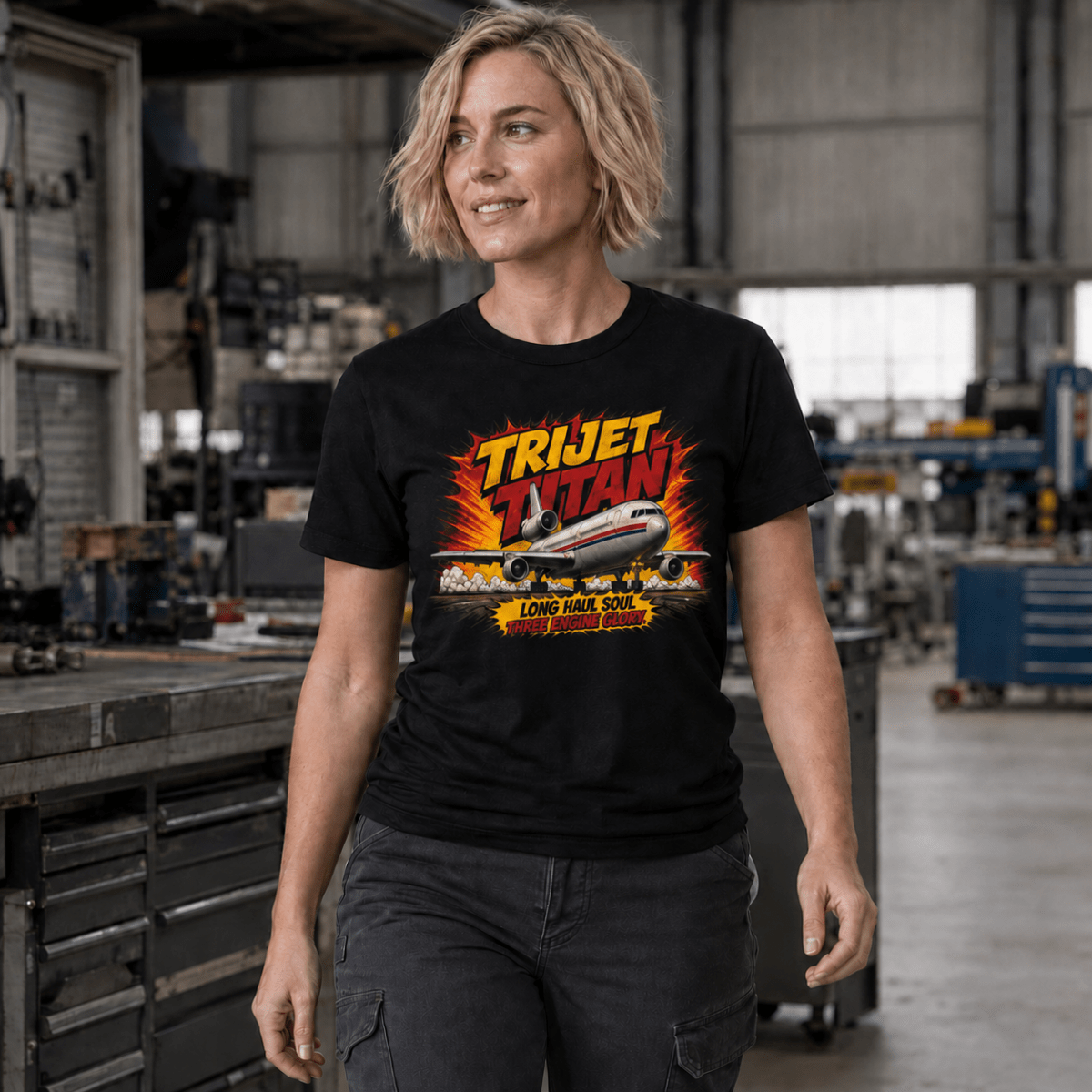 A woman wearing a black graphic t-shirt with a 'Trijet Titan' long haul sleeper train design, standing in a workshop environment.