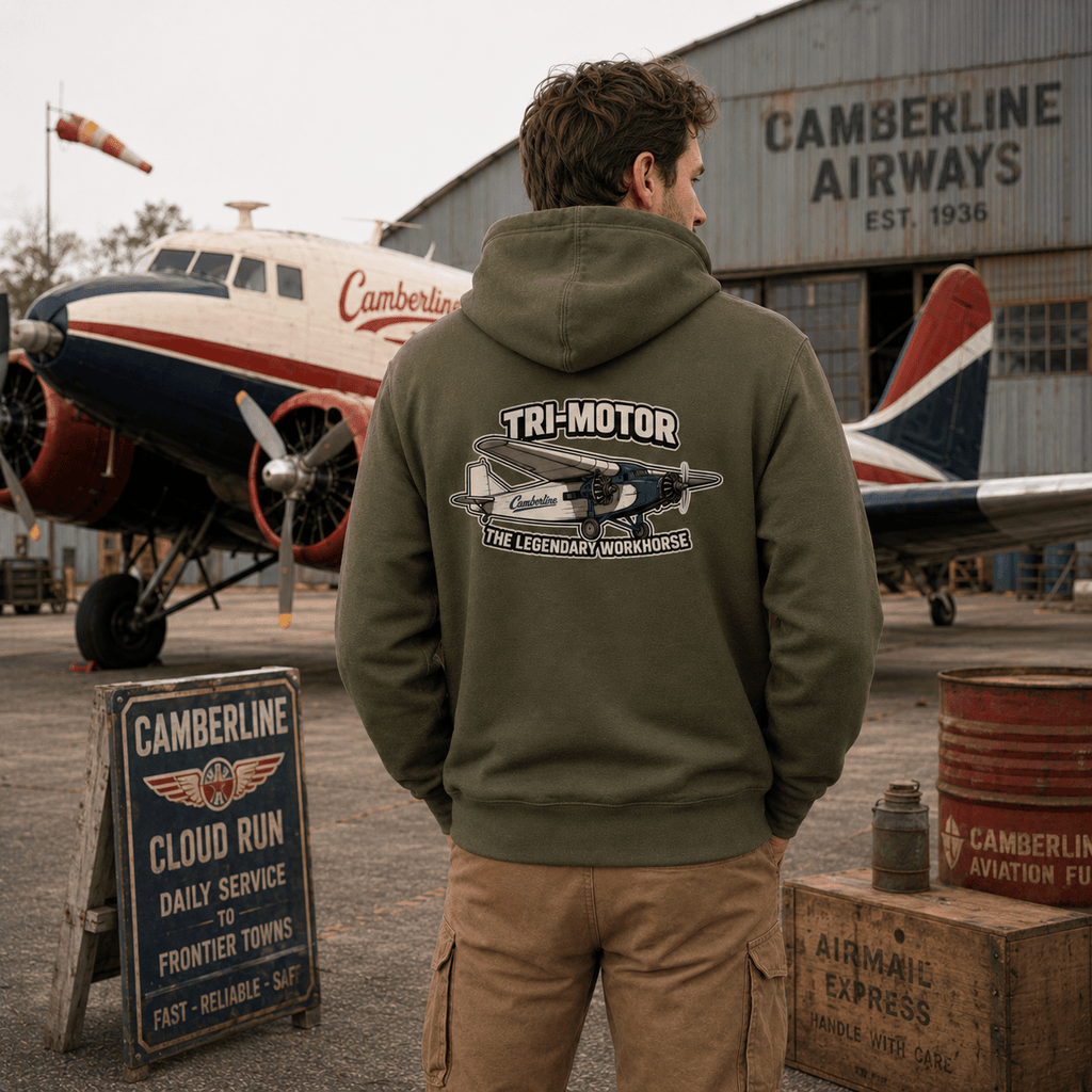 Combat green hoodie showing a classic tri-motor transport aircraft with "Tri-Motor The Legendary Workhorse" text.