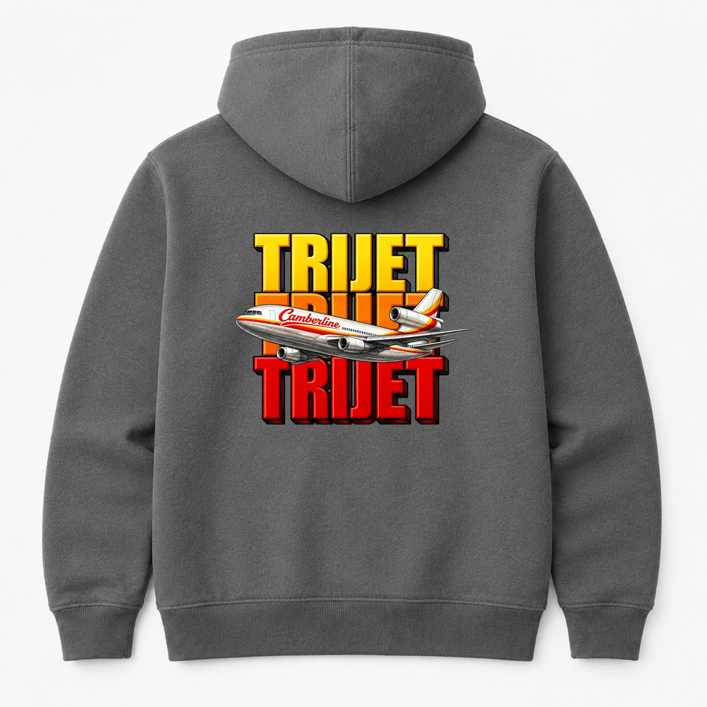 Gray hoodie with 'TRIJET' branding on the back against a white background