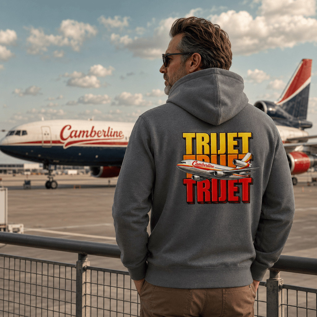 Man wearing a hoodie with 'TRIJET' branding at an airport.