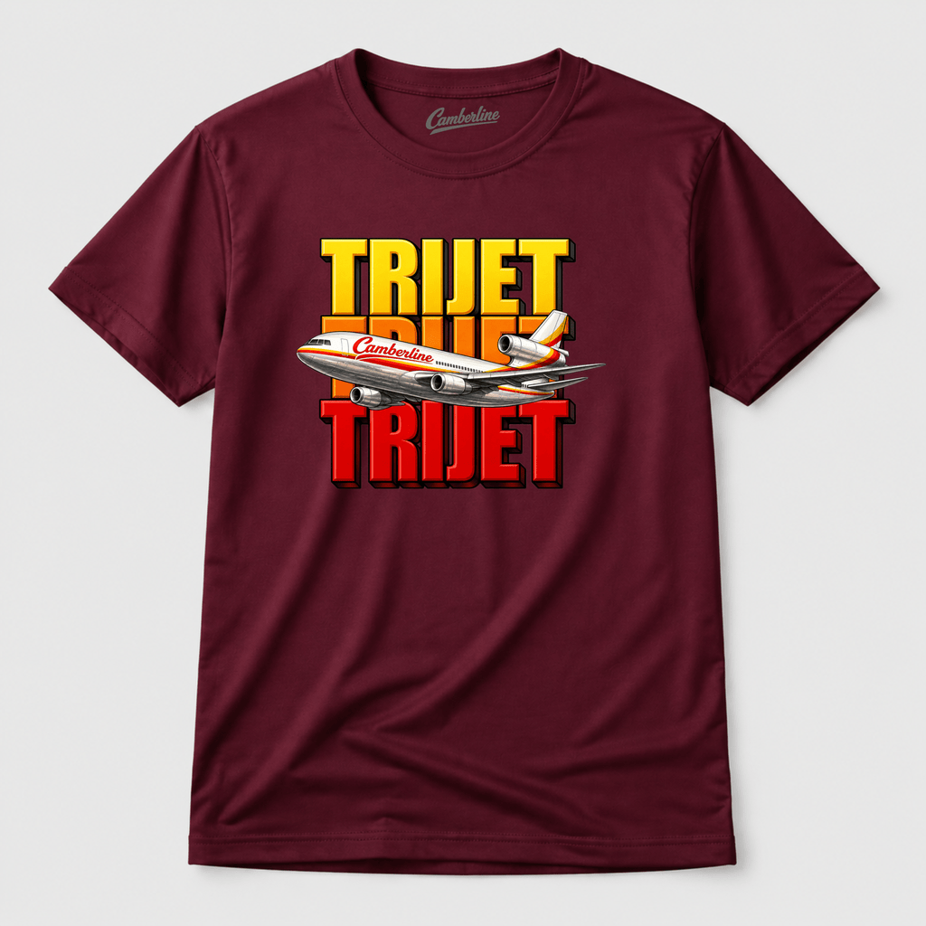 Maroon t-shirt with 'Trijet' graphic and airplane design on a white background