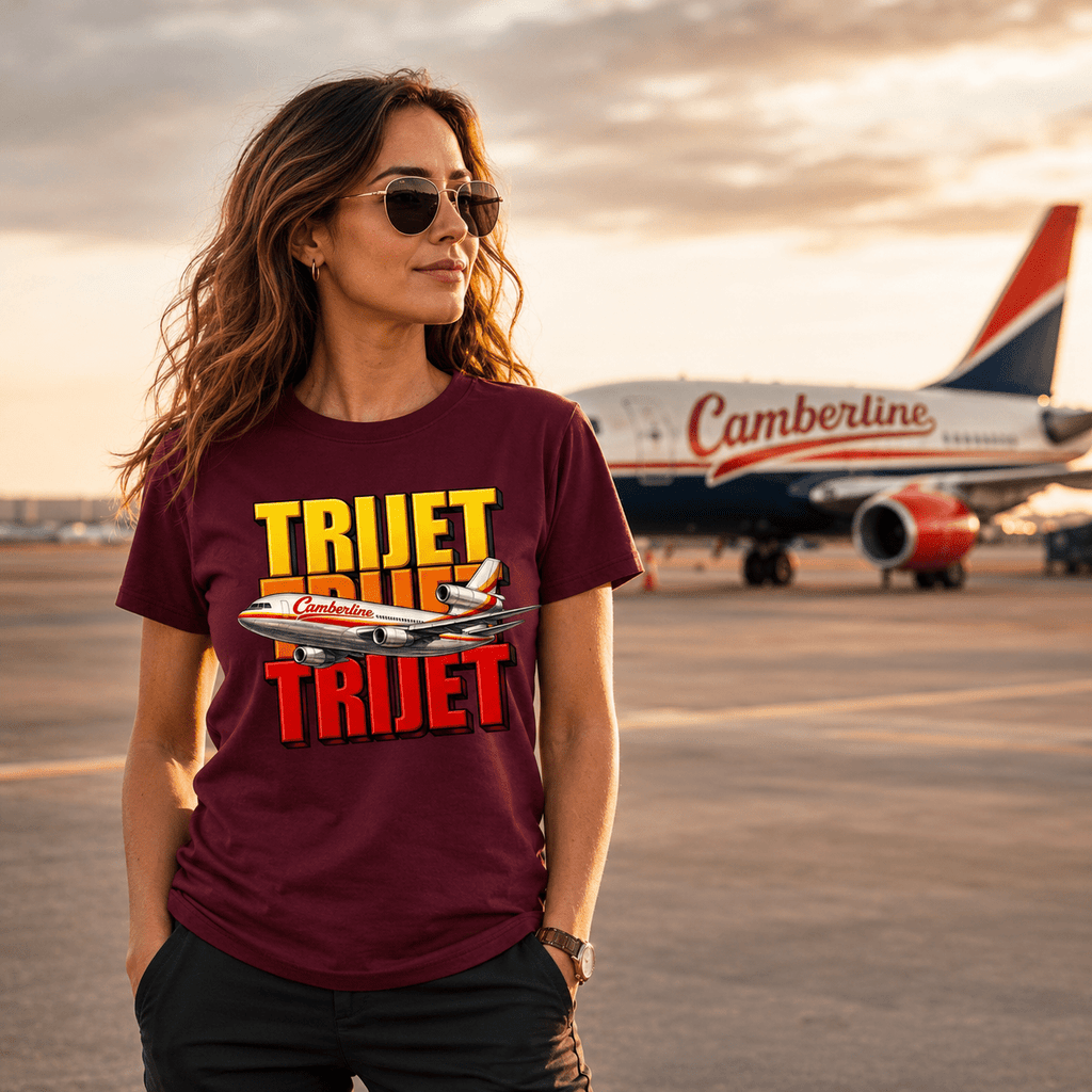 Woman wearing a 'TRUJET' t-shirt with an airplane graphic, standing on an airport tarmac with an airplane in the background.