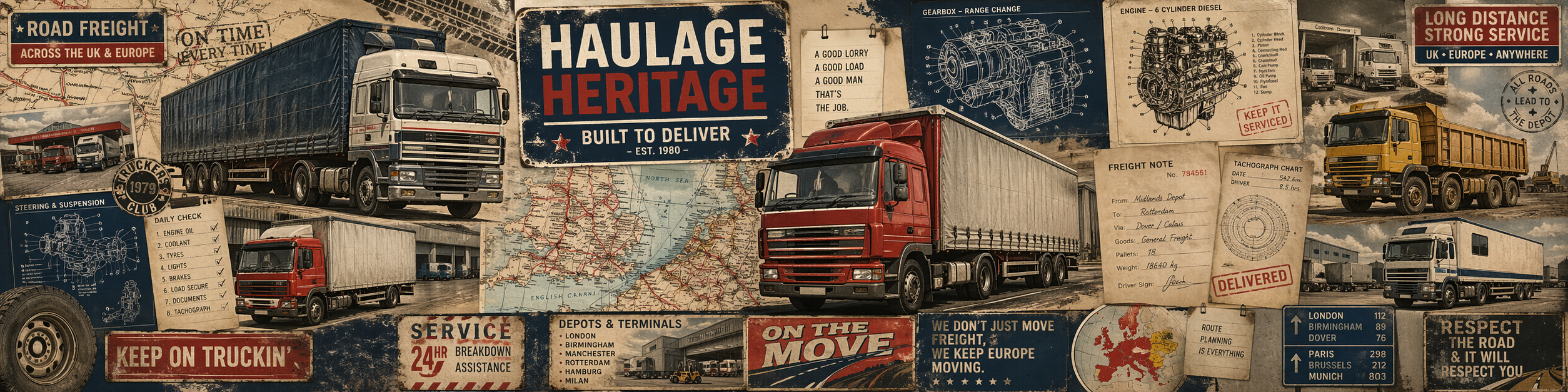 Collage of vintage-style truck advertisements with text and graphics on a brown background.