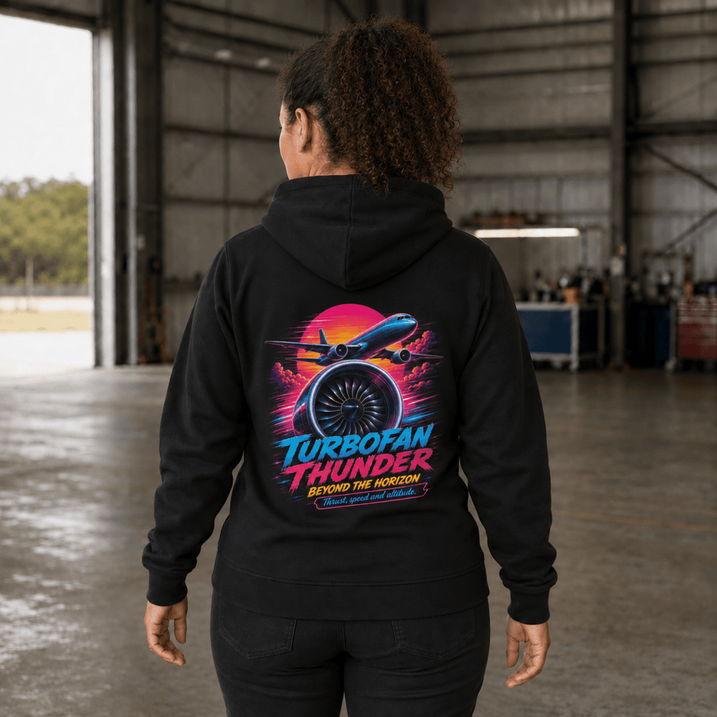 Model wearing Turbofan Thunder black aviation hoodie with airliner back print