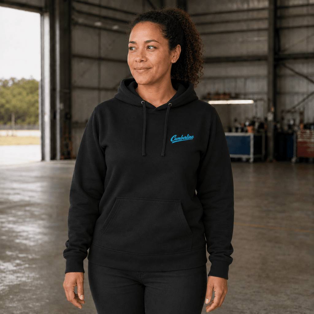 Model wearing Turbofan Thunder black aviation hoodie, front view