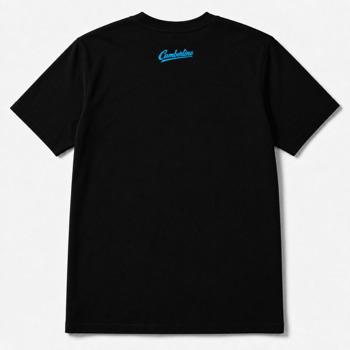 Black short-sleeve t-shirt with a small blue 'Camberline' logo on the back.