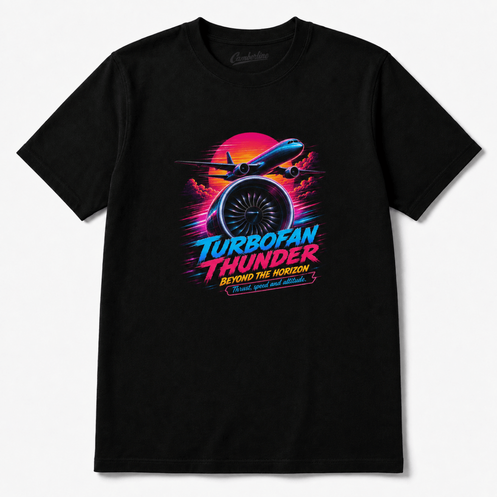A black short-sleeve crewneck t-shirt featuring a vibrant 80s-style retro graphic of a jet airplane flying over a turbofan engine, with the text 'TURBOFAN THUNDER' and 'BEYOND THE HORIZON' in neon pink, blue, and yellow.