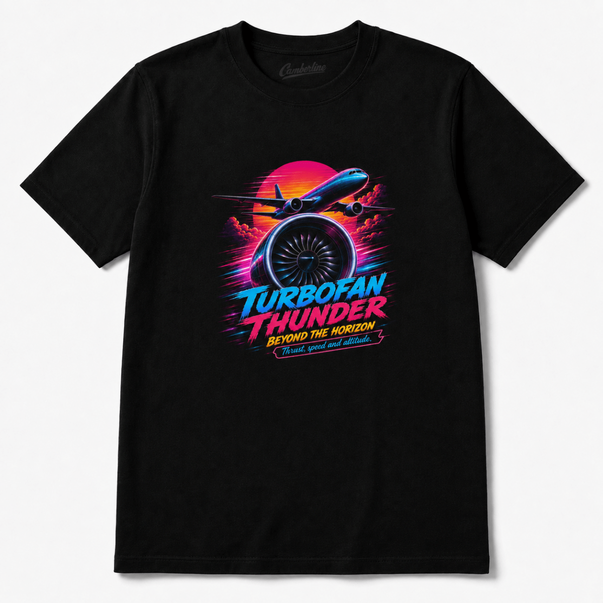 A black short-sleeve crewneck t-shirt featuring a vibrant 80s-style retro graphic of a jet airplane flying over a turbofan engine, with the text 'TURBOFAN THUNDER' and 'BEYOND THE HORIZON' in neon pink, blue, and yellow.