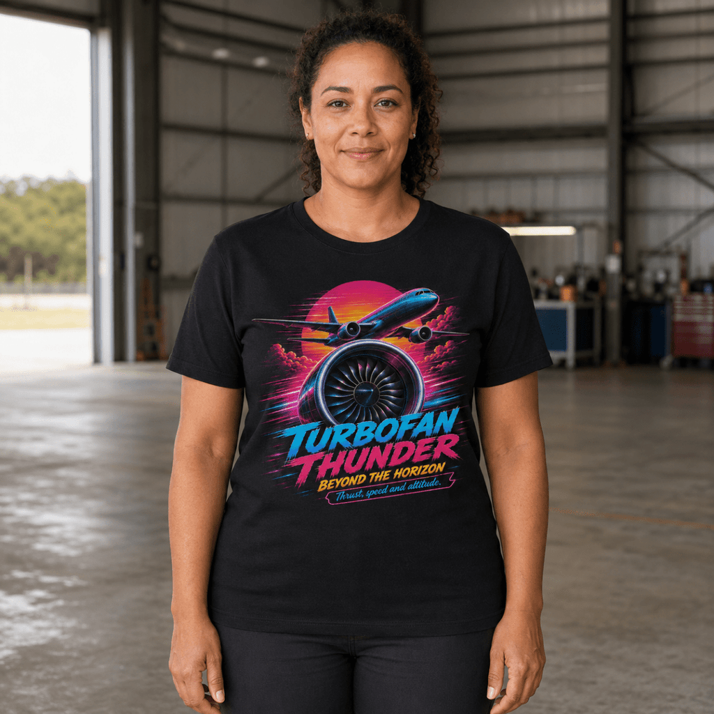 A woman stands in an airplane hangar wearing a black graphic T-shirt with a colorful airplane and jet engine design and the text 'TURBOFAN THUNDER' and 'BEYOND THE HORIZON.'.