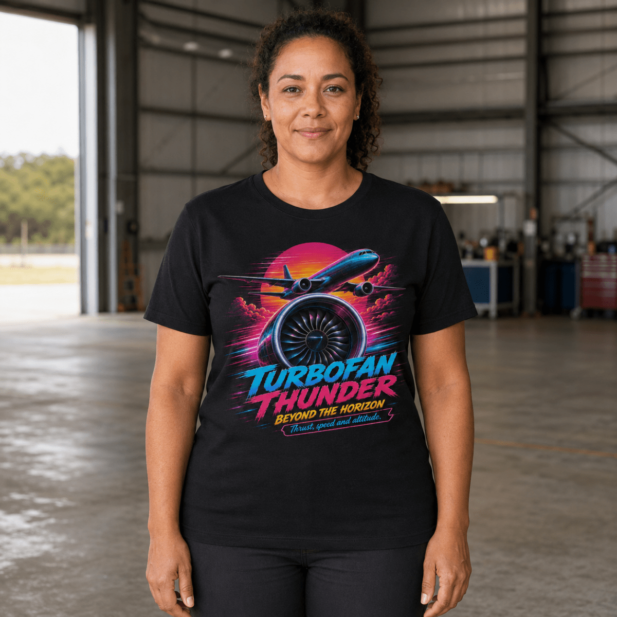 A woman stands in an airplane hangar wearing a black graphic T-shirt with a colorful airplane and jet engine design and the text 'TURBOFAN THUNDER' and 'BEYOND THE HORIZON.'.