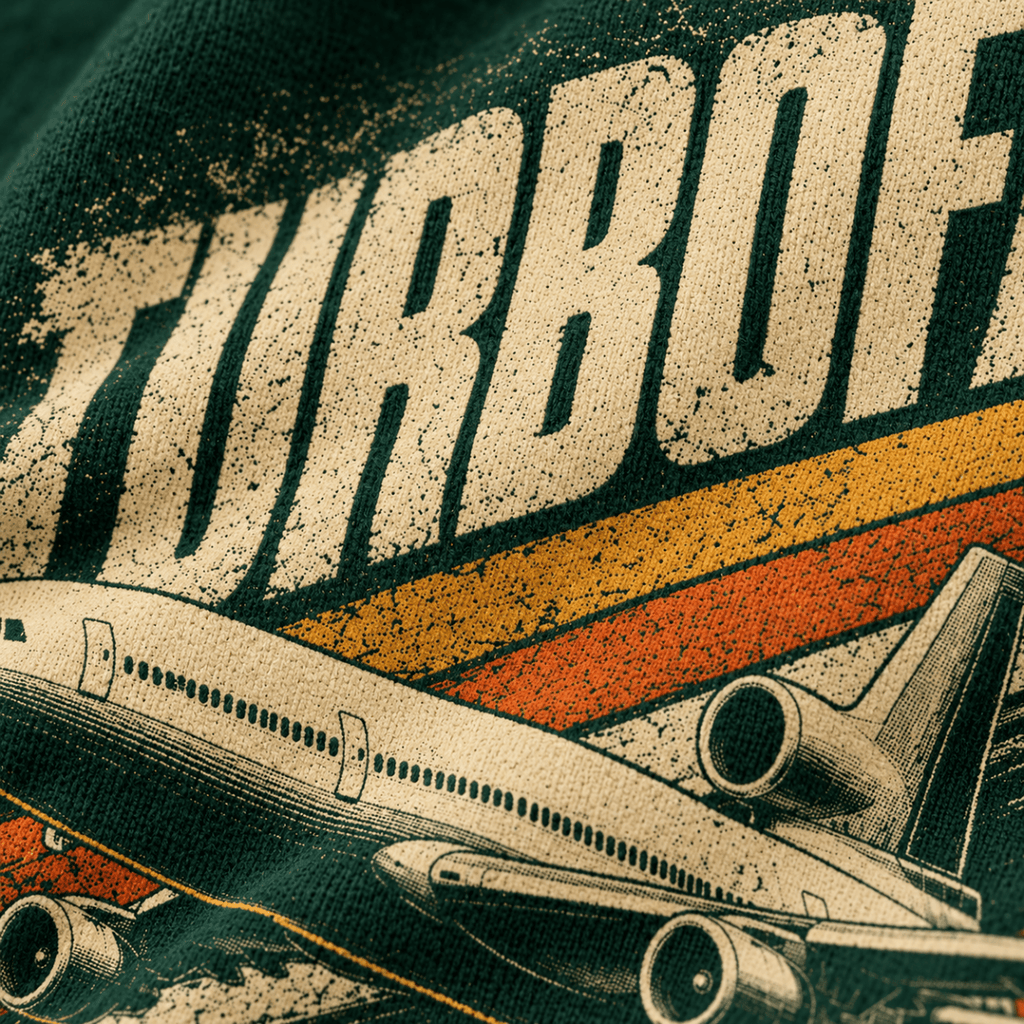 Turbofan Trijet Airliner hoodie in Bottle Green, close-up of the halftone artwork