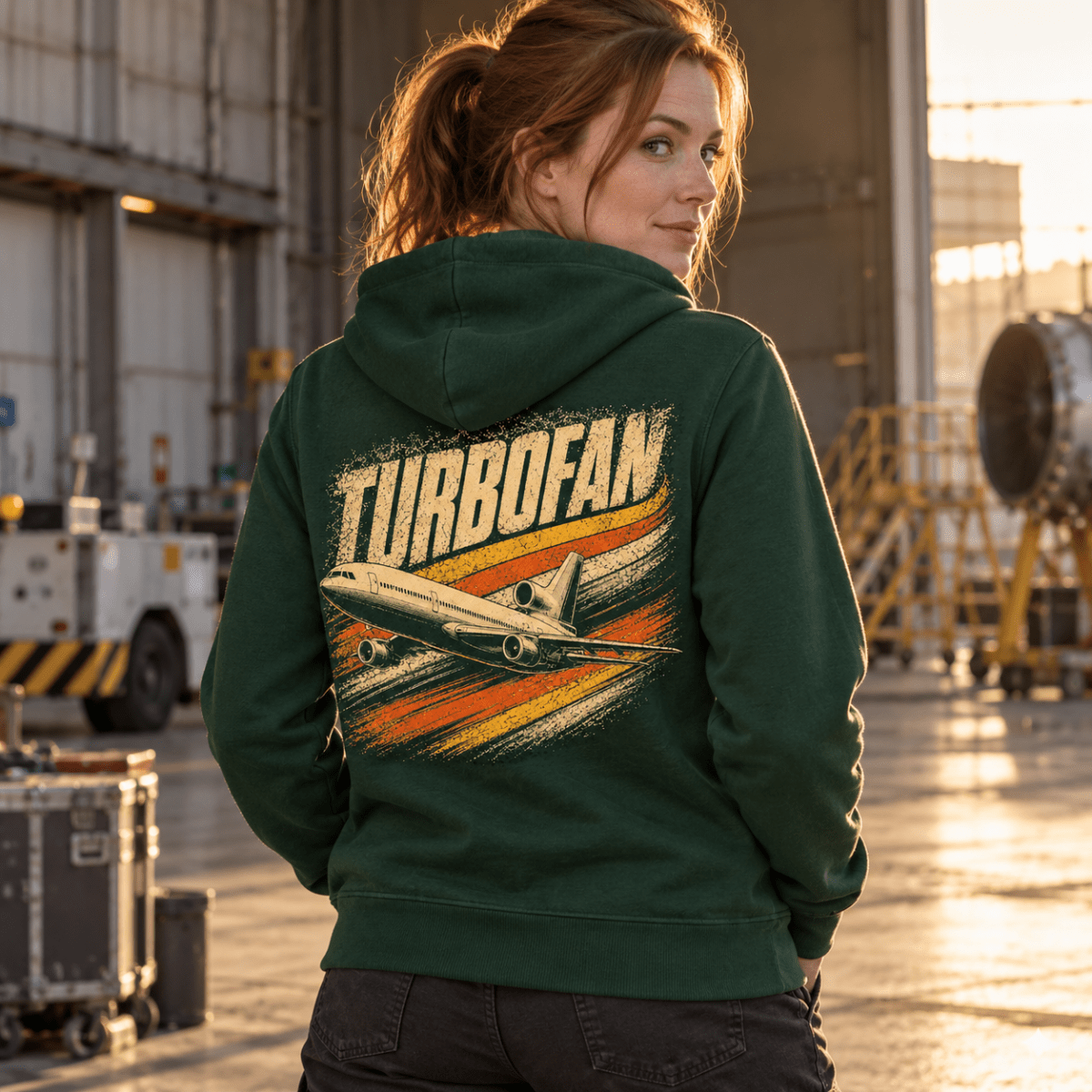 Turbofan Trijet Airliner hoodie in Bottle Green, back view worn by a model