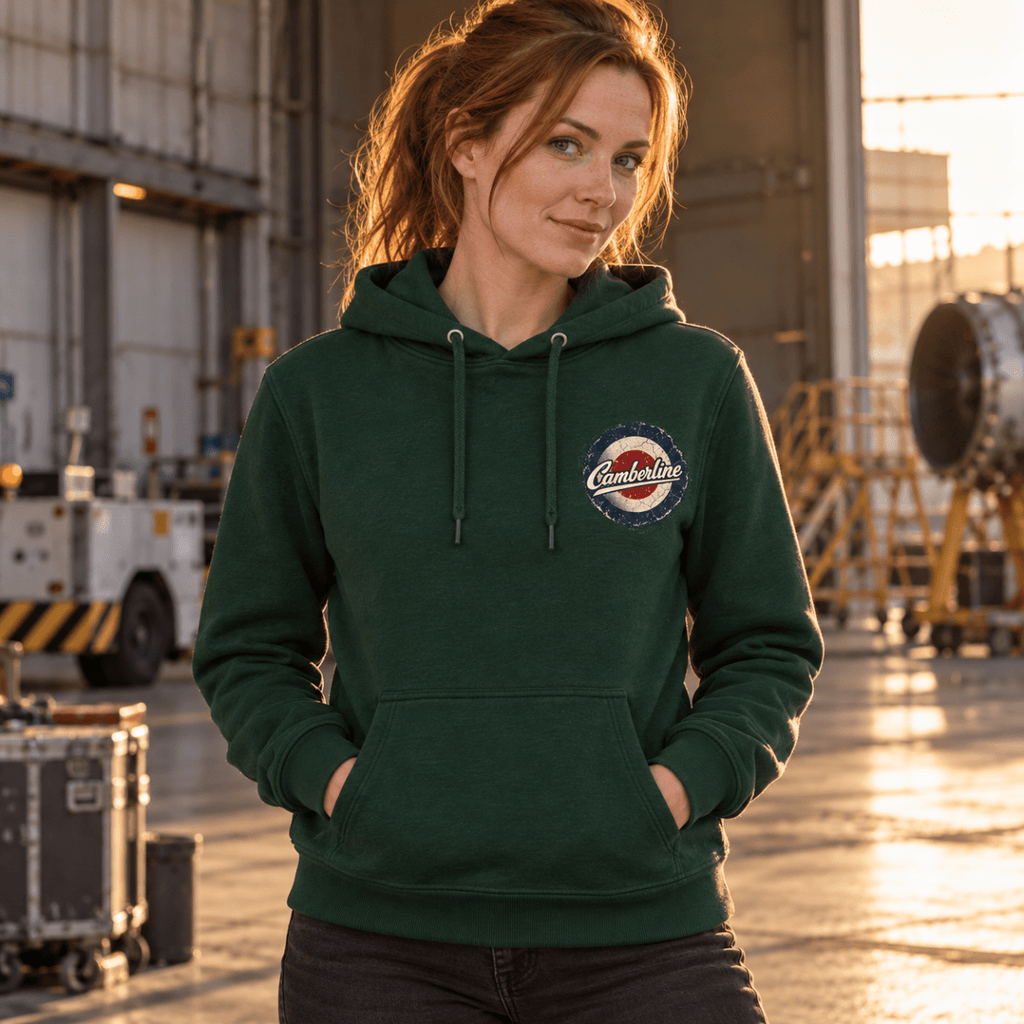 Turbofan Trijet Airliner hoodie in Bottle Green, front view worn by a model