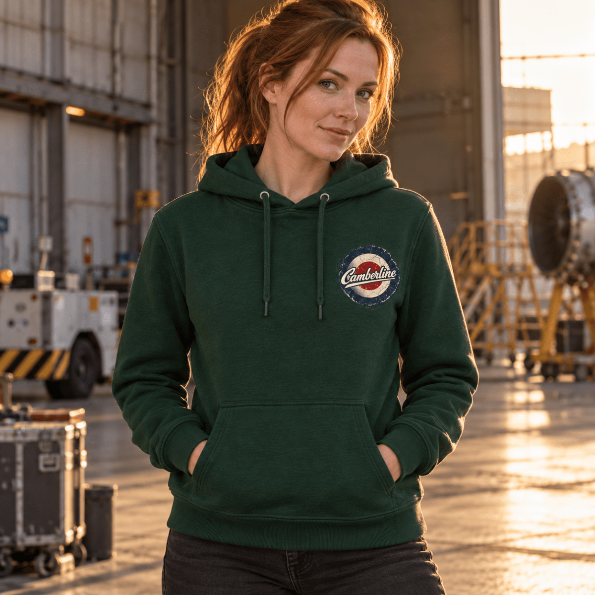 Turbofan Trijet Airliner hoodie in Bottle Green, front view worn by a model