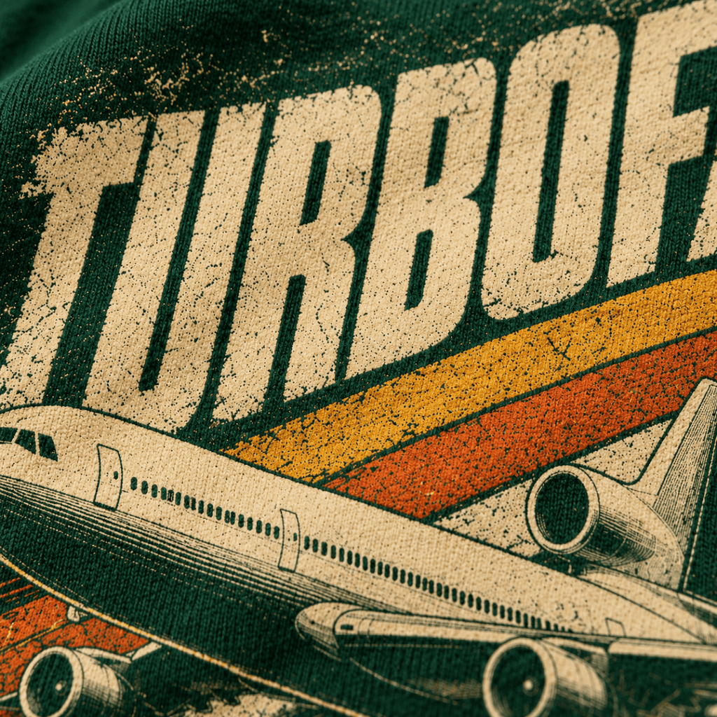 Turbofan Trijet Airliner t-shirt in Bottle Green, close-up of the halftone artwork