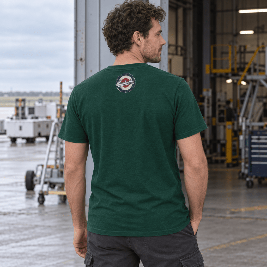 Turbofan Trijet Airliner t-shirt in Bottle Green, back view worn by a model