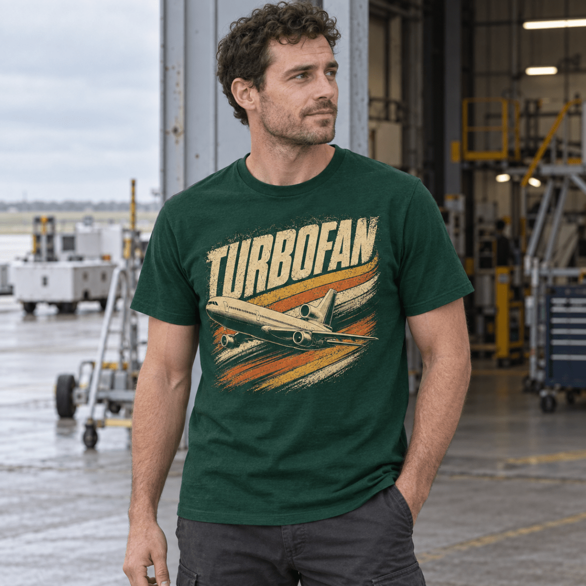 Turbofan Trijet Airliner t-shirt in Bottle Green, front view worn by a model