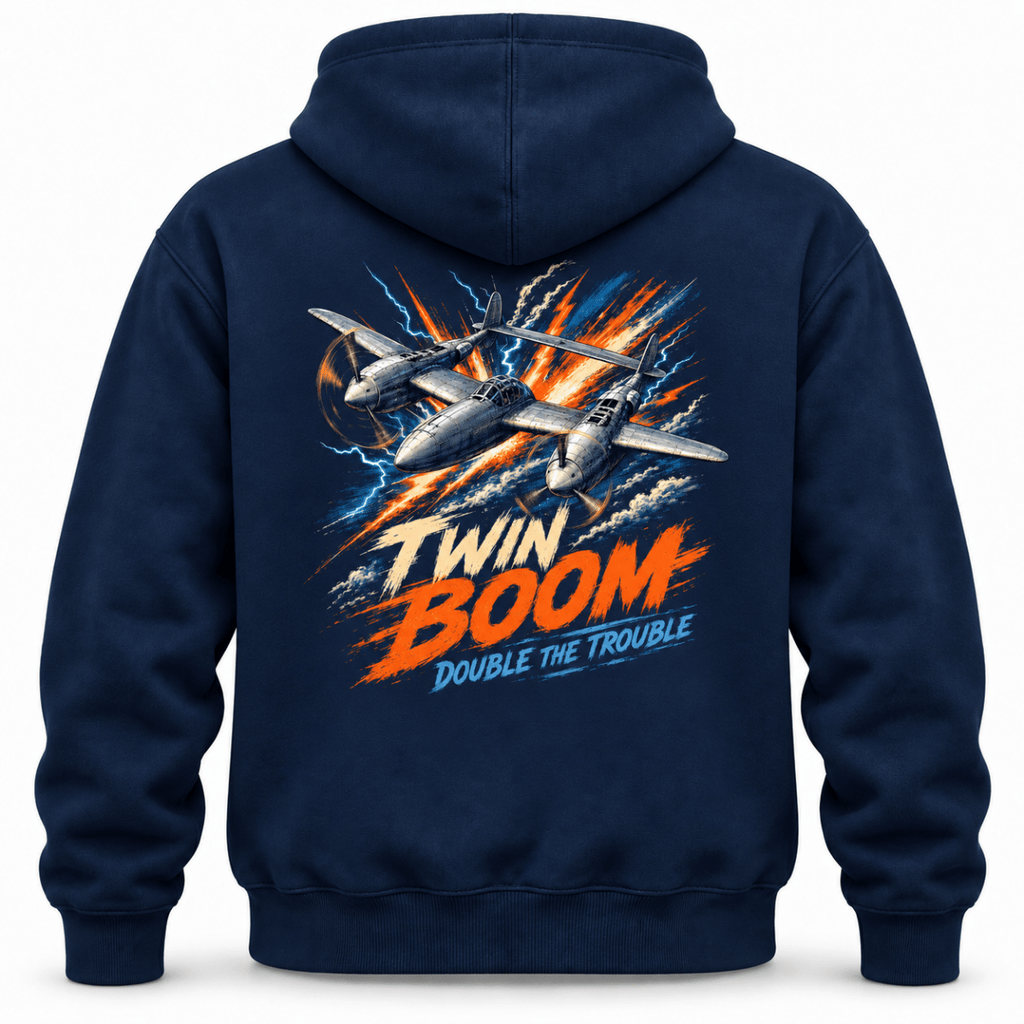 P-38 Lightning Twin Boom hoodie in Navy, basic back product view