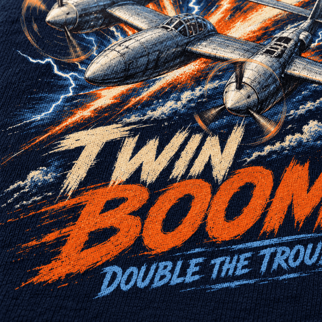 P-38 Lightning Twin Boom hoodie in Navy, close-up of the halftone artwork