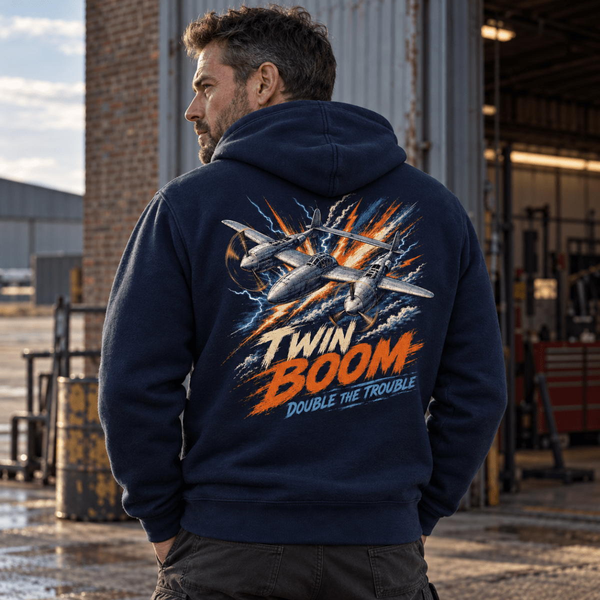 P-38 Lightning Twin Boom hoodie in Navy, back view worn by a model