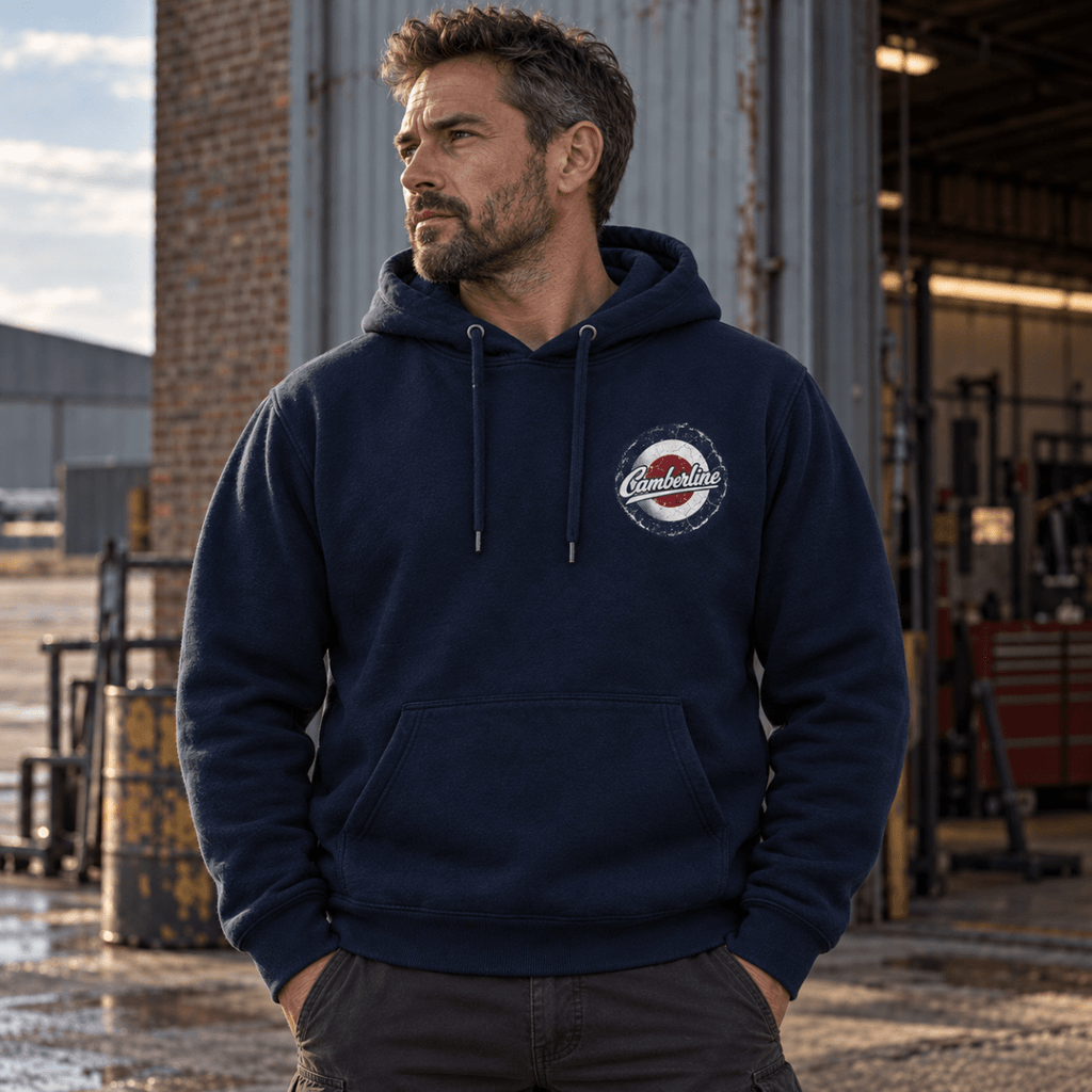 P-38 Lightning Twin Boom hoodie in Navy, front view worn by a model