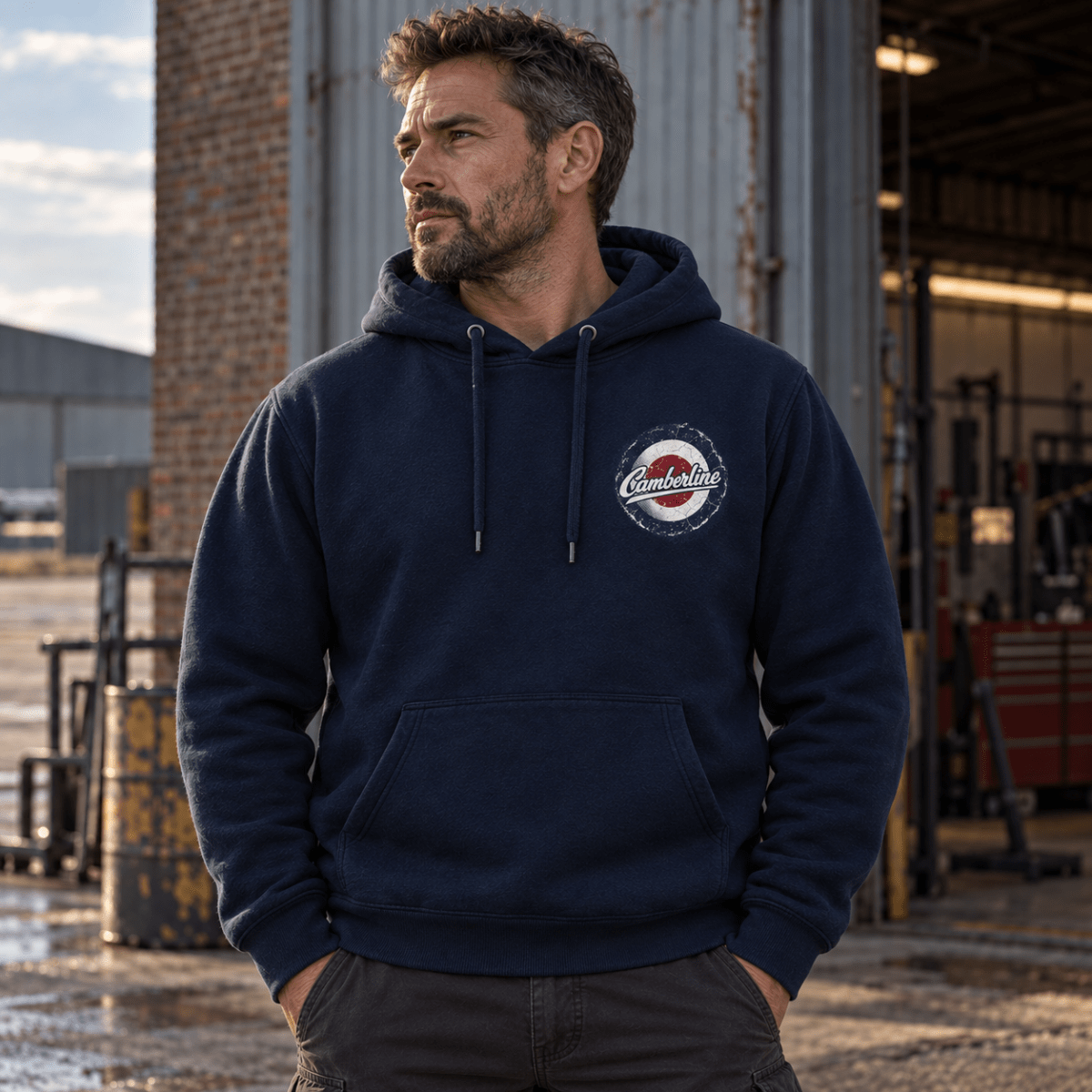 P-38 Lightning Twin Boom hoodie in Navy, front view worn by a model