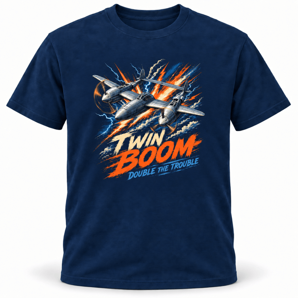 P-38 Lightning Twin Boom t-shirt in Navy, basic front product view