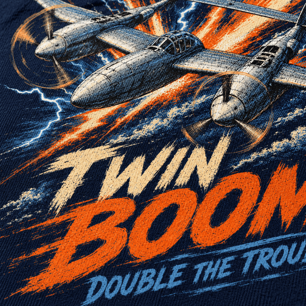P-38 Lightning Twin Boom t-shirt in Navy, close-up of the halftone artwork