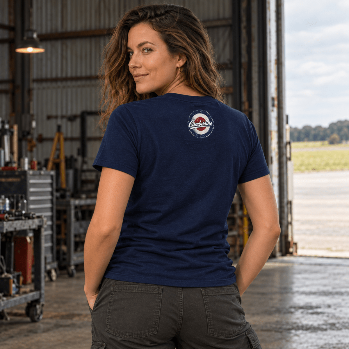P-38 Lightning Twin Boom t-shirt in Navy, back view worn by a model