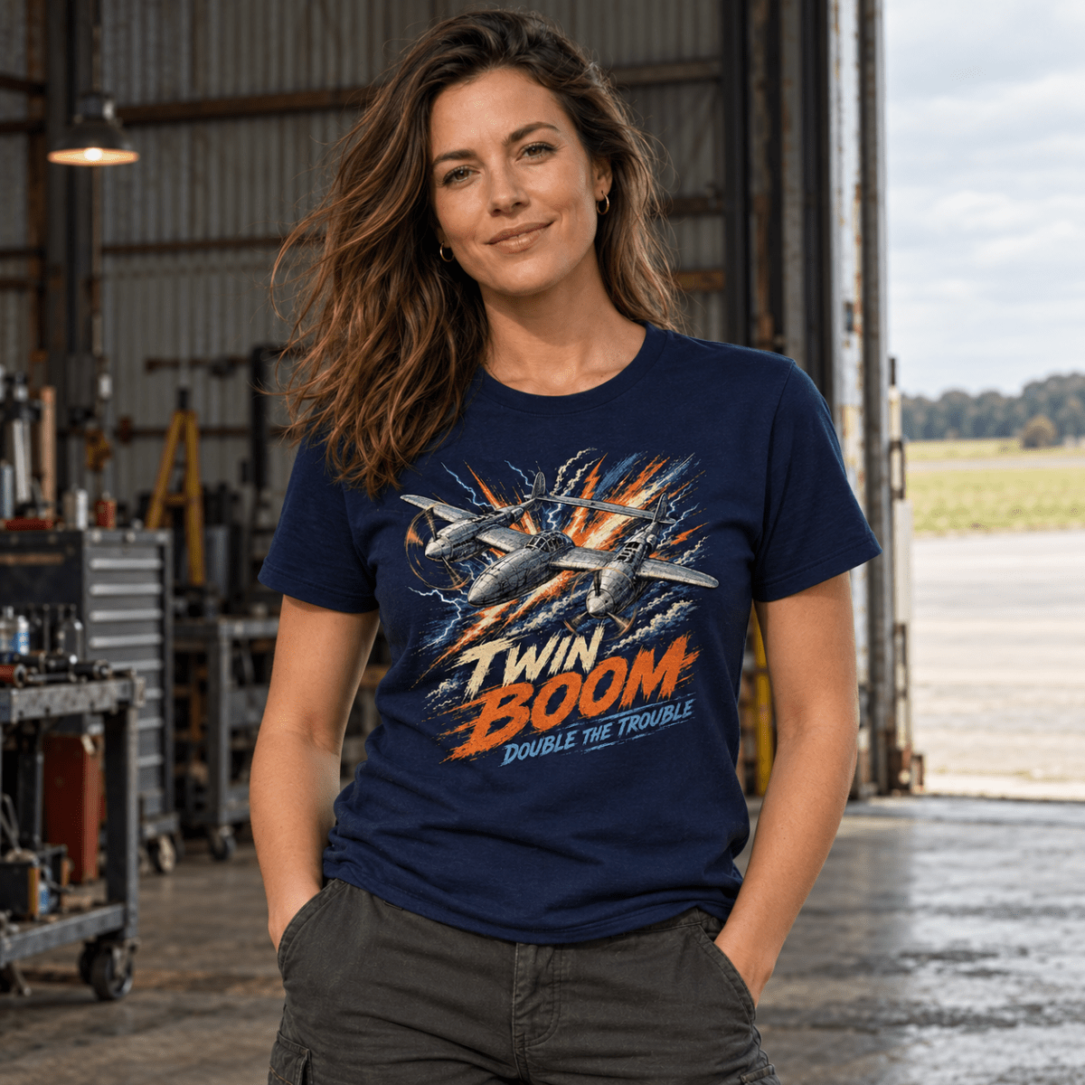 P-38 Lightning Twin Boom t-shirt in Navy, front view worn by a model