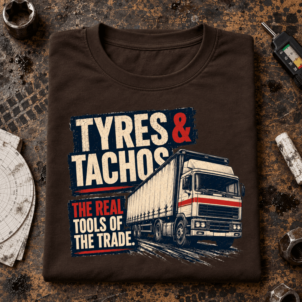 Brown Tyres and Tachos lorry T-shirt folded on a rubber-stained tyre-bay bench