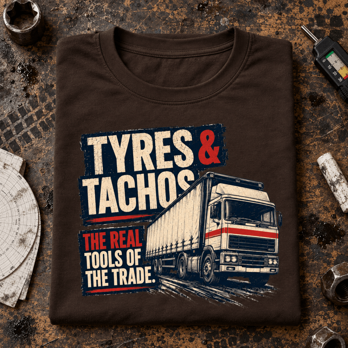 Brown Tyres and Tachos lorry T-shirt folded on a rubber-stained tyre-bay bench