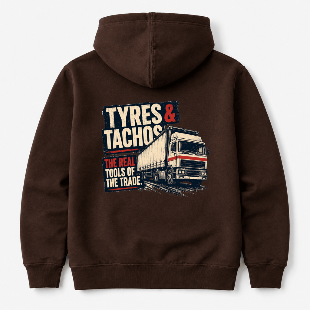 Brown hoodie featuring a classic white and red lorry cab with block typography reading "Tyres & Tachos The Real Tools Of The Trade.
