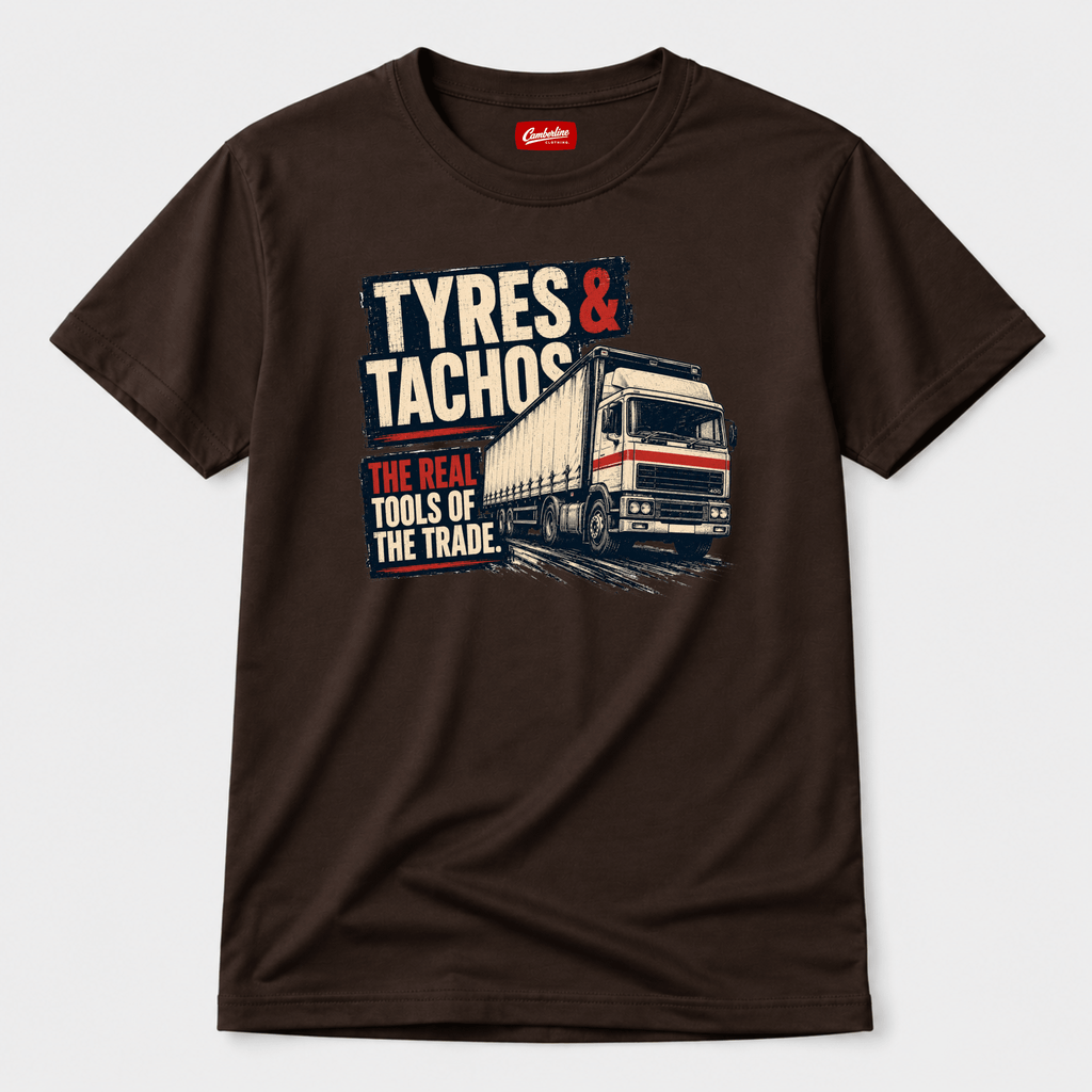 Tyres and Tachos dark brown lorry graphic t-shirt with distressed cream and red artic lorry print and The Real Tools of the Trade slogan