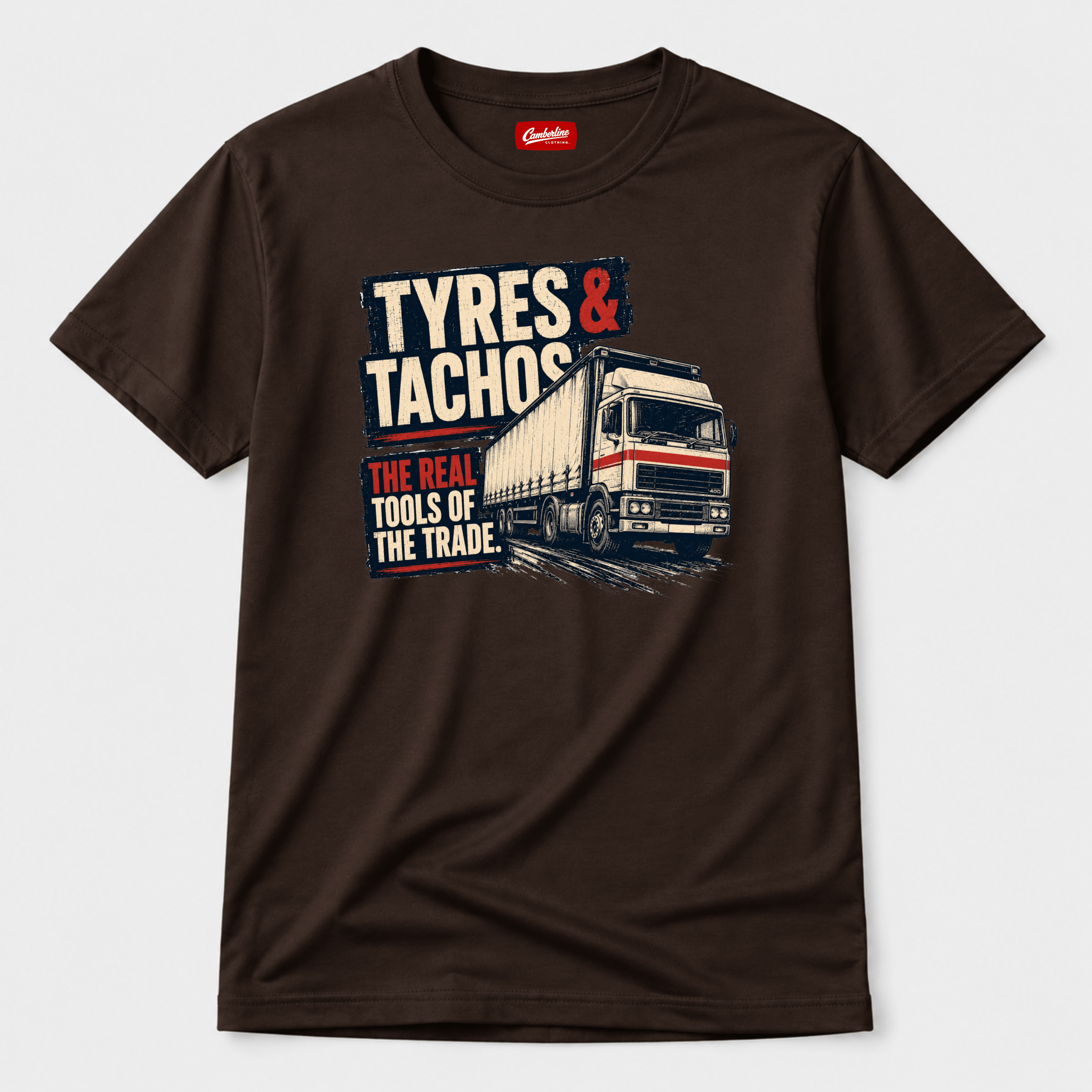 Tyres and Tachos dark brown lorry graphic t-shirt with distressed cream and red artic lorry print and The Real Tools of the Trade slogan