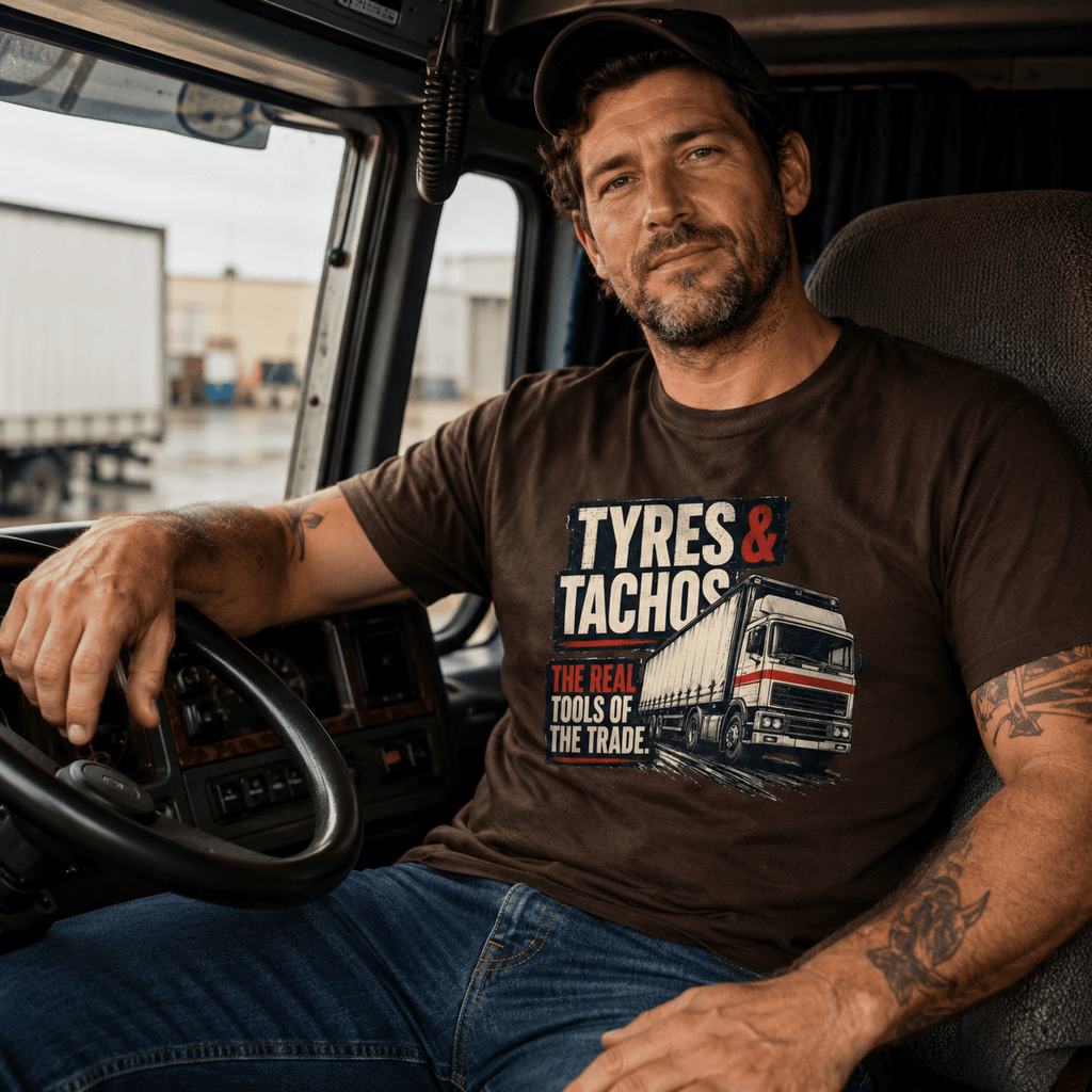 Male lorry driver wearing dark brown Tyres and Tachos HGV graphic t-shirt sitting in the cab of an artic lorry at a transport depot